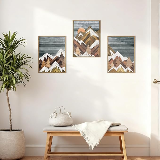 Framed Mountain Wall Art Boho Mountain Wall Decor Modern Nature Artwork 12" Lx16 W Set of 3 for Living Room Bedroom Office