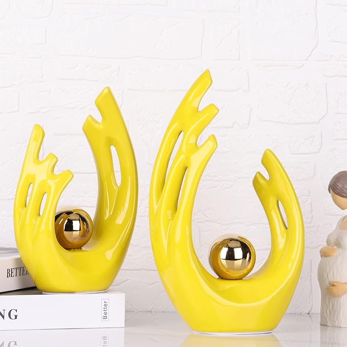 9.5"H Yellow Gold Aesthetic Room Decor Accent, TV Stand Funky Table Centerpiece, Abstract Art Ceramic Statue and Sculpture, Yellow Decor for Living Room, Bookshelf Decorative Objects, Shelf Decor