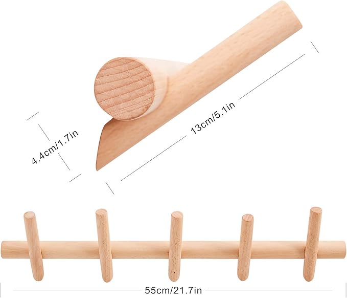 Wood Coat Hooks Wall Mounted Hat Rack Tower Hanger Wall Hooks Decorative Hanger with Pegs Entryway Bedroom Bathroom（Beech Wood,5 Hooks）