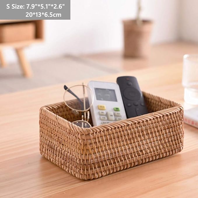 Handmade Rectangle Wicker Fruit Box Rattan Tray Magazine Organizer and Small Objects Container Serving Basket (Small)