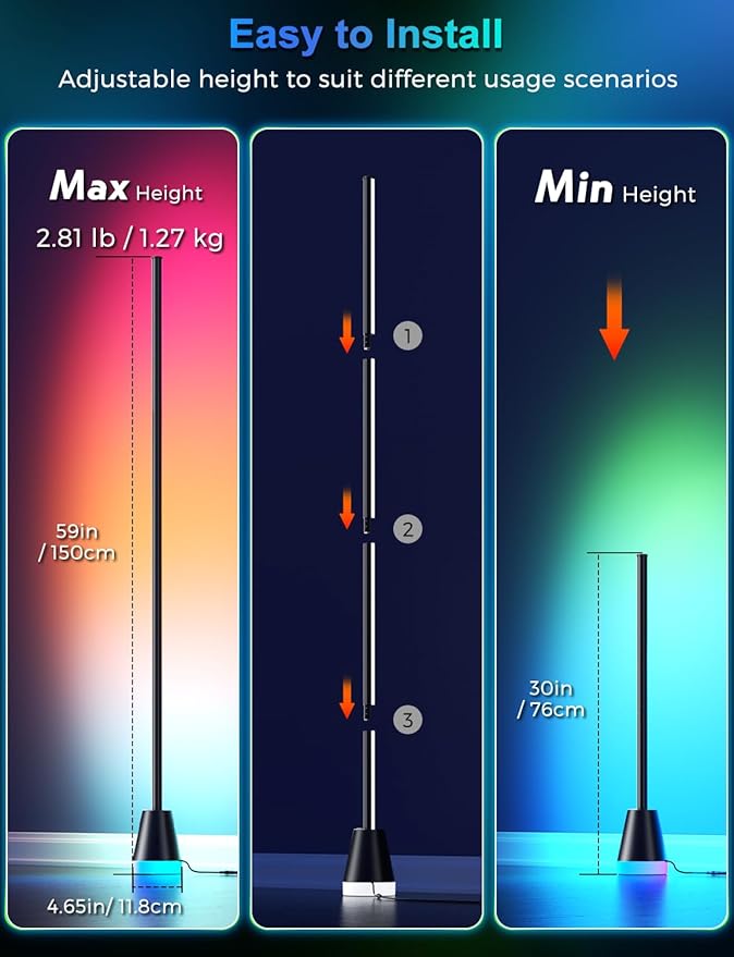 Alfolive RGB Floor Lamp, Smart LED Corner Lamp for Living Room Bedroom, 16 Million DIY Colors Standing Lamp with Music Sync App & Remote Control, Cool Modern Mood Light Ambient Lighting, Black