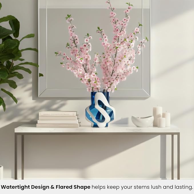 Torre & Tagus 8" White Striped Blue Vase for Flowers - Hand Blown Blue & White Art Glass Vase Modern Home Decor, Large Table Centerpiece for Living Room Consoles, Dining Tables, Modern Art Displays