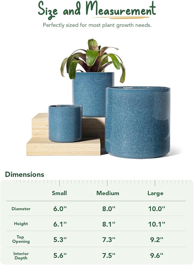 LE TAUCI Ceramic Pots for Plants, 10/8/6 Inch Indoor Planters with Draiange Hole, Silicone Plug & Mesh Pad, Modern Minimalist Pots for Home Office, Set of 3, Glossy, Harbor Blue