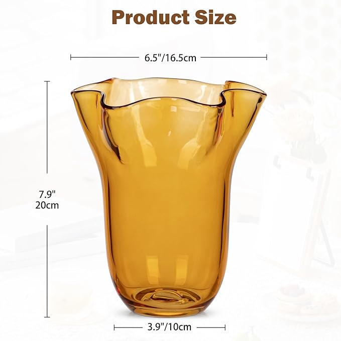 8 inch Amber Glass Vases Clear Flower Vases for Centerpiece, Large Crystal Vases for Flowers Wide Mouth Vase for Home Office Living Room Shelf Wedding Decor (Amber)