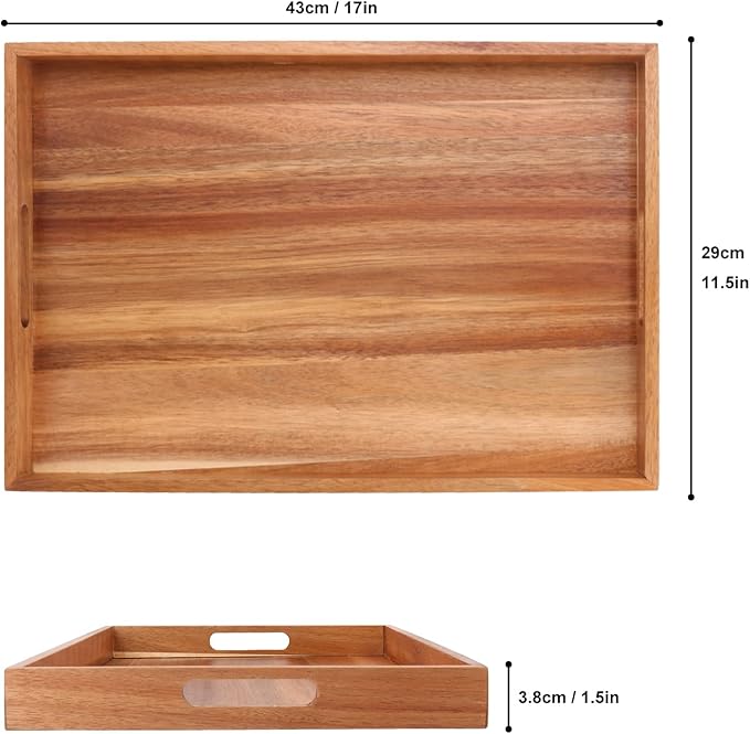 2 PCS Acacia Wood Serving Tray with Handles - 17 x 11.5 Inch Elegant Rectangle Wooden Tray for Food, Decorative Snack Tray, Breakfast and Kitchen Tray, Ideal Wooden Serving Platter for Homes