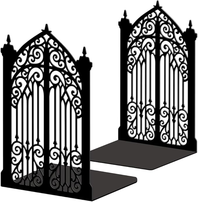 Peacoblue Metal Bookends for Shelves, Modern Decorative Heavy Duty Study Book Ends Stoppers for Office, Desk, Shelf, Room 5.3"x4.3"x7.9" Cast Iron Simple Tall Bookends 1 Pair (Gothic Gorgeous Gate)