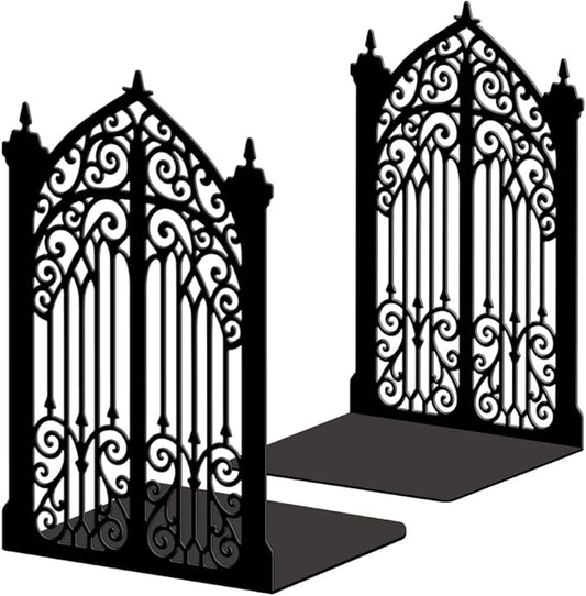Peacoblue Metal Bookends for Shelves, Modern Decorative Heavy Duty Study Book Ends Stoppers for Office, Desk, Shelf, Room 5.3"x4.3"x7.9" Cast Iron Simple Tall Bookends 1 Pair (Gothic Gorgeous Gate)