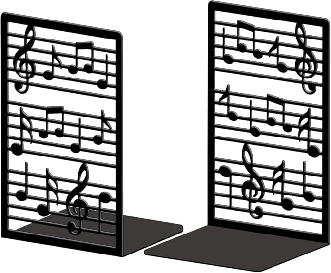 Peacoblue Metal Bookends for Shelves, Modern Decorative Heavy Duty Study Book Ends Stoppers for Office, Desk, Shelf, Room 5.3"x4.3"x7.9" Cast Iron Simple Tall Bookends 1 Pair (Music Notes and Staves)