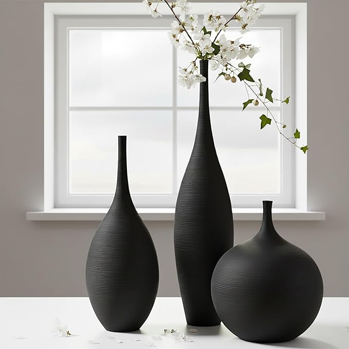 Black Ceramic Vases Set of 3, Modern Boho Vases for Centerpiece Decor, Matte Minimalist Decorative Vases for Home Decor, Living Room, Bookshelf, and Entryway Table Decor