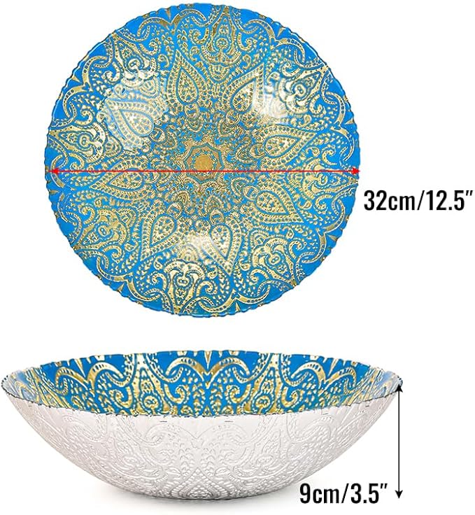 Sungmor 2PC 12.5'' Large Thick Glass Fruit Bowls, Moroccan Style Decorative Serving Bowls, Beautiful Centerpiece Snacks Bowl, Salad Mixing Bowl, Kitchen Counter Display Tray for Breads, Vegetables