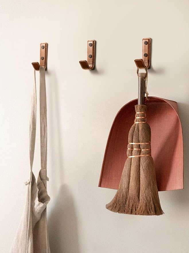 4 Pack Brown Leather Coat Hooks Wall for Hanging Rectangle Coat Hooks for Hanging Robe Towels Bags Hats Scarf Keys Clothes Suitable for Bedroom, Entryway and Closet