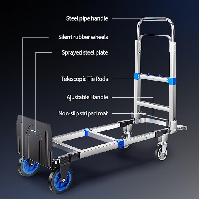 Pro 2 in 1 Aluminium Hand Truck Dolly 660lbs Capacity, Heavy Duty Convertible Hand Truck W/Pneumatic Wheels, Foldable Dolly Cart Collapsible Trolley for Moving with Retractable Handle