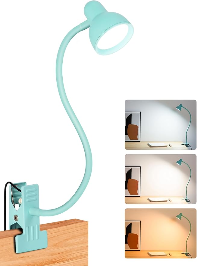Clip on Reading Light for Bed 3 Color Modes, 10 Brightness Dimmable, Flexible Gooseneck Clip on Lamp, Eye Care Clip Light for Bed Headboard Desk Home Dorm Teal