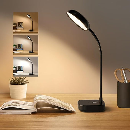 Battery Desk Lamp Light,Black,Cordless desk lamp rechargeable,Small gooseneck lamp for desk,400LM LED Light,3 Colors (White/Warm White/Warm),Adjustable brightness,360° Hose,20 LED for Bedroom&Reading