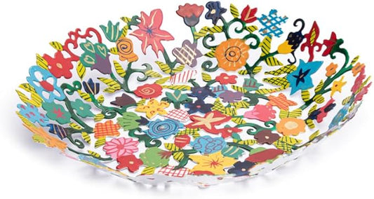EMANUEL Yair Decorative Metal Fruit Bowl | Vibrant Hand Painted Bowl | Hangable Centerpiece Bowl for Home Decor and Gifting | Judaica Art (10 inch, Flowers)