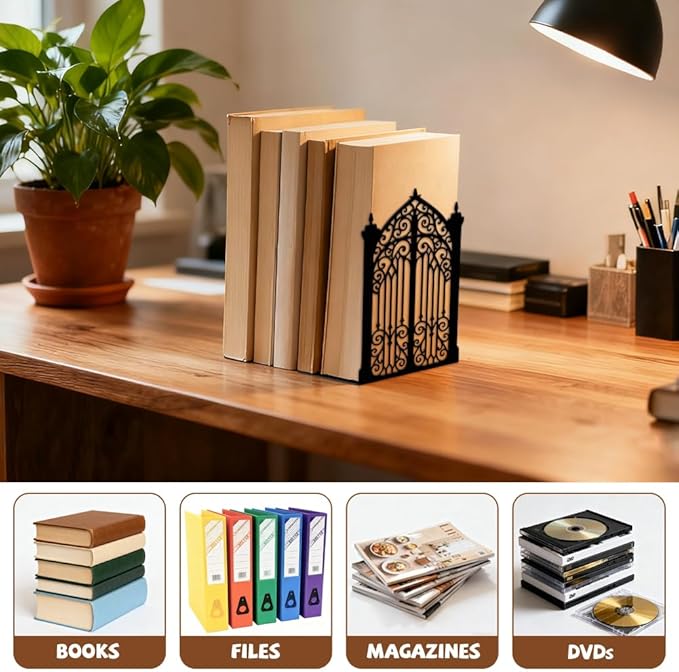 Peacoblue Metal Bookends for Shelves, Modern Decorative Heavy Duty Study Book Ends Stoppers for Office, Desk, Shelf, Room 5.3"x4.3"x7.9" Cast Iron Simple Tall Bookends 1 Pair (Gothic Gorgeous Gate)