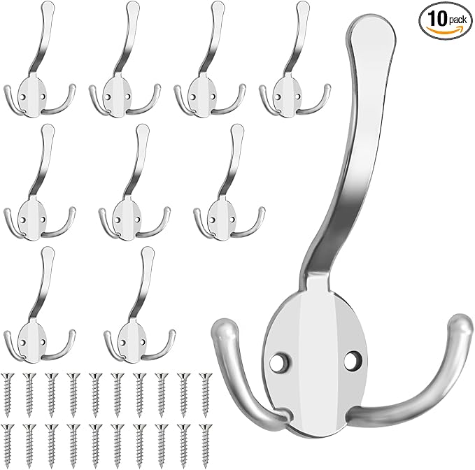 10 Pack Coat Hooks Heavy Duty, Metal Three Prongs Large Coat Hooks Wall Mounted with 20 Screws, No Rust Silver Rustic Wall Hooks for Hanging Towel, Coat, Scarf, Bag, Hat, Cup, Key