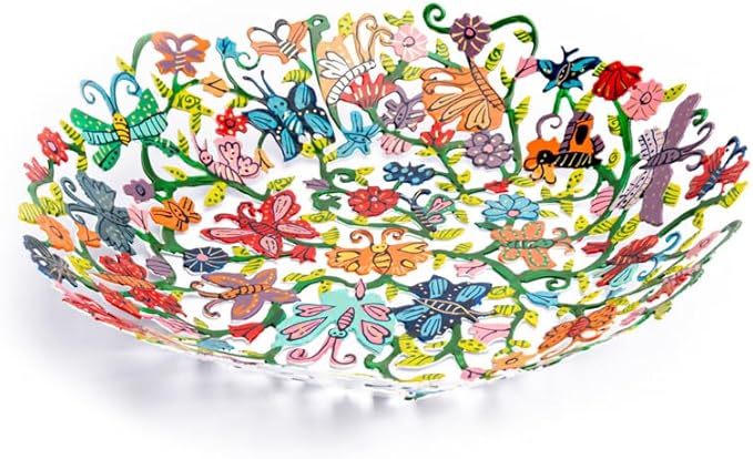 EMANUEL Yair Decorative Metal Fruit Bowl | Vibrant Hand Painted Bowl | Hangable Centerpiece Bowl for Home Decor and Gifting | Judaica Art (10 inch, butterflies)