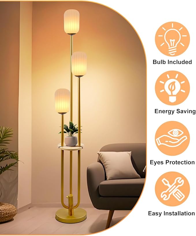 Lightdot Dimmable Floor Lamp with Shelf, Modern Gold Tall Floor Lamps with Oval Striped Lampshade for Wedding/Party, 3000K Soft Warm White 3-Lights Standing Lamp for Living Room/Bedroom