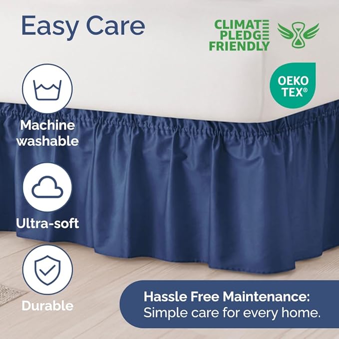 Wrap Around Dust Ruffle Bed Skirt - Navy Blue - for Full Size Beds w/ 16 Inch Drop - Easy Fit Elastic Strap - Adjustable Pleated Bedskirt with Brushed Fabric, Wrinkle Free Women, Men, Kids and Teens