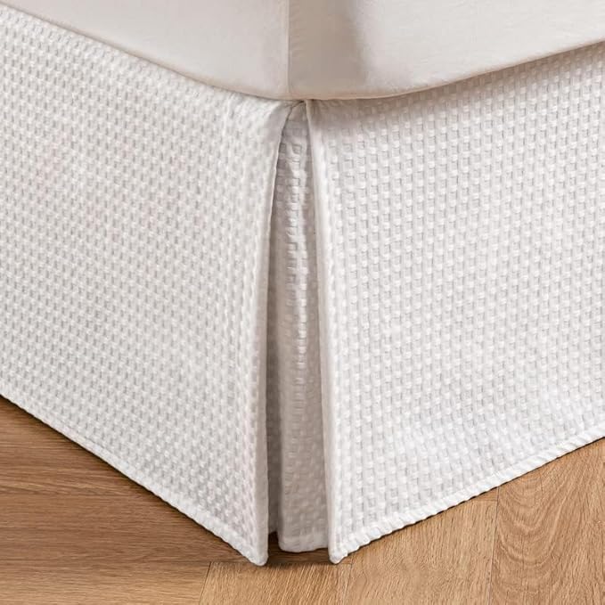 MIYE Pleated Waffle Weave Bed Skirt, Tailored Dust Ruffle 22 Inch Drop Easy Fit, Machine Washable (White, Twin - 22" Drop)