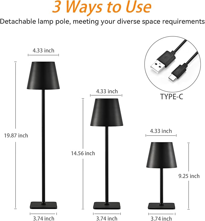 2-Pack Rechargeable Cordless Table Lamps, Battery-Operated Wireless Minimalist Table Lamp, 3 Colors Stepless Dimming LED Adjustable Height Table Lamp for Dining/Bedside/Camping (2, Black)