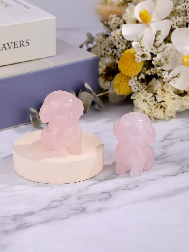 Jovivi Natural Rose Quartz Crystal Sitting Dog Statue Home Decor 1.6" Carved Gemstone Puppy Dog Figurines Pocket Sculpture Reiki Healing Stones Decorative Ornament Gift
