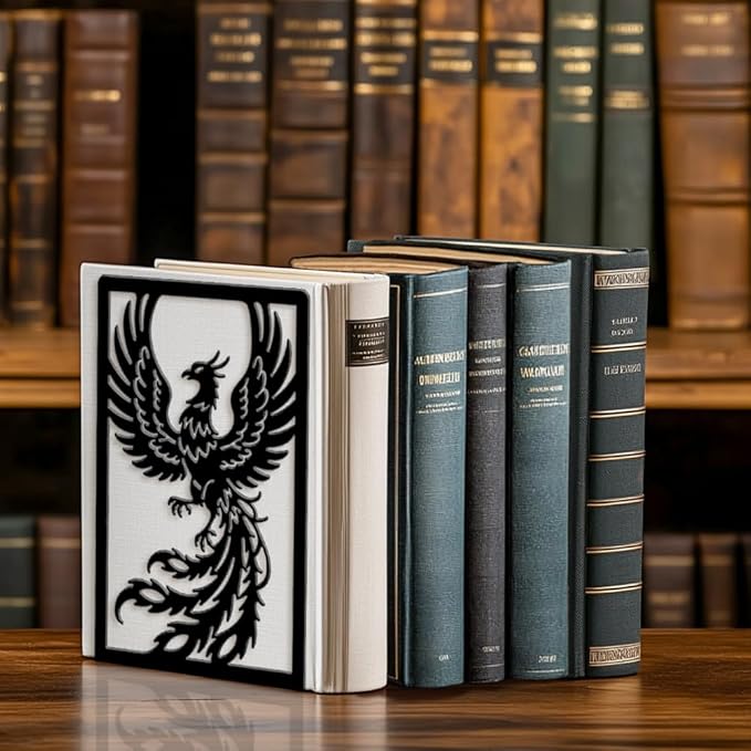Peacoblue Metal Bookends for Shelves, Modern Decorative Heavy Duty Study Book Ends Stoppers for Office, Desk, Shelf, Room 5.3"x4.3"x7.9" Cast Iron Simple Tall Bookends 1 Pair (Phoenix)
