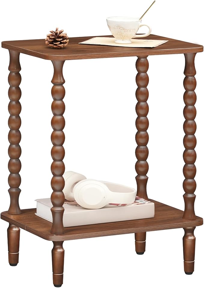 HOOBRO End Table, 2-Tier Small Side Table with Spindle Legs, Nightstand with Storage Shelves, Sofa Side Table, for Living Room, Bedroom, Small Space, Walnut WL189BZ01