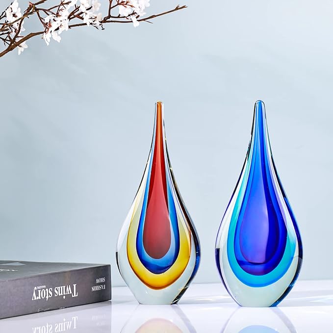 9" Tall Sculpture Hand Blown Glass Decor, Paperweight for Office Desk, Modern Glass Art Figurines Mediterranean Beach House Decor, Living Room Coffee Shelves Table Top Decoration (Red)