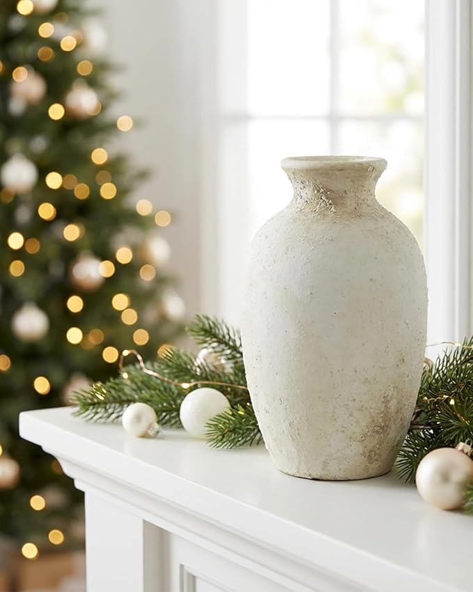 Ceramic Flower Vase Home Decor – 8.3 Inches Pottery Rustic Farmhouse Bottle Vase for Table Centerpiece, Shelf & Mantel, Beige