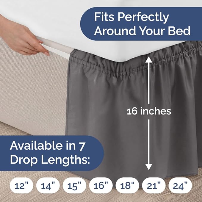 Wrap Around Dust Ruffle Bed Skirt - Dark Grey - for Full Size Beds w/ 16 Inch Drop - Easy Fit Elastic Strap - Adjustable Pleated Bedskirt with Brushed Fabric, Wrinkle Free Women, Men, Kids and Teens