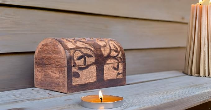 Great Birthday Gift Ideas Handmade Decorative Wooden Jewelry Box With Tree of Life Carvings Jewelry Organizer Keepsake Box Treasure Chest Trinket Holder Watch Box Storage Lock Box (Natural Finish)