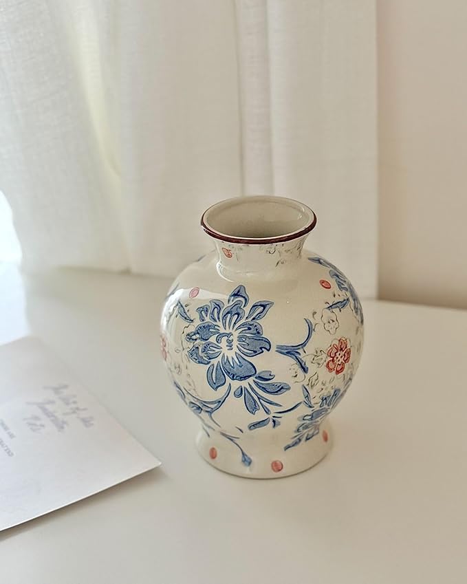 Vintage Blue and White Ceramic Vase, Classic Decorative Porcelain Flower Vase for Centerpiece Living Room Table Shelf, Chinoiserie Country Decor