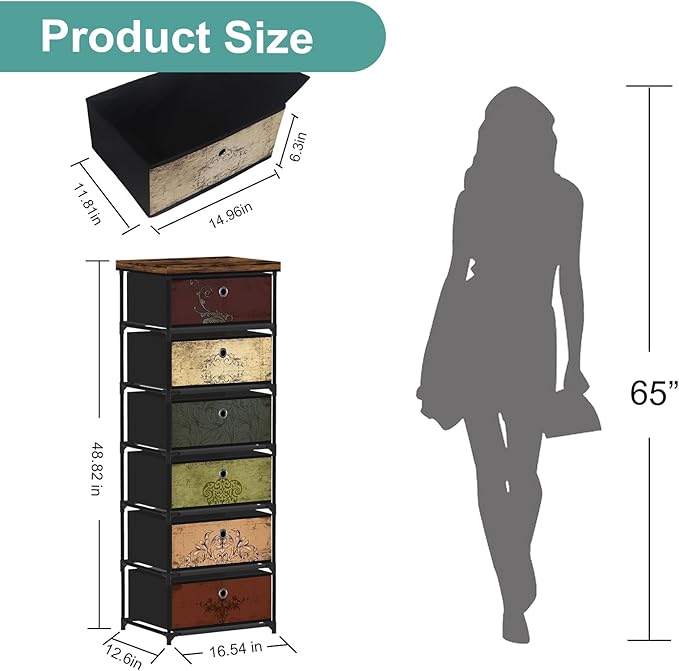 6 Drawers Storage Organizer Cabinet, Decorative Storage Chest, Small Dresser, Stand Nightstand for Bedroom, Living Room, Closet, Entryway, Hallway, Nursery, Dorm