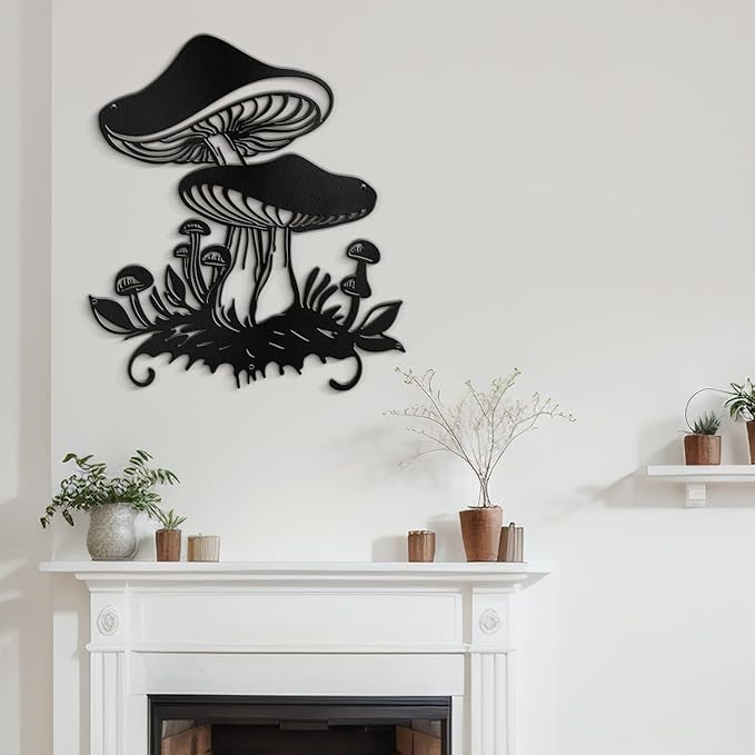 SIGNLEADER Metal Wall Art Decor Mushroom Cottagecore Modern Abstract Wall Sculpture Hangings Home Decoration for Living Room, Bedroom, Bathroom, Kitchen, Outdoor - 18" Black