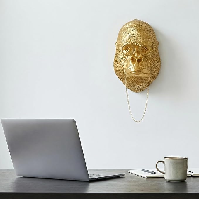 Juedawyal Golden Animal Head Wall Decor – Gorilla with Glasses, Resin Eclectic Wall Art for Entryway, Bar & Living Room