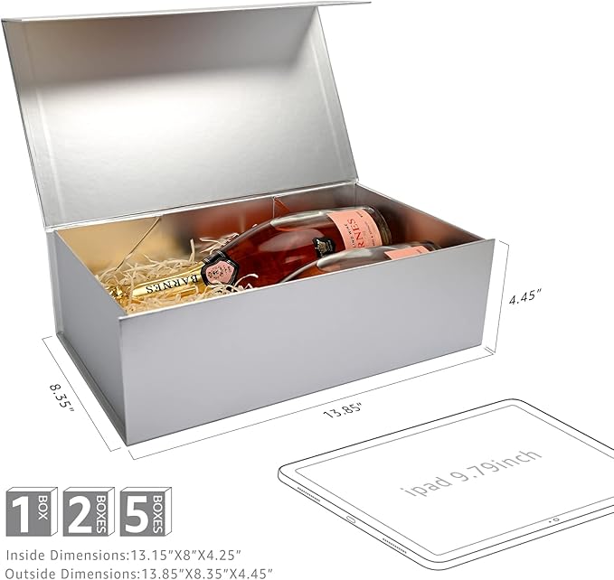 LIFELUM Gift Boxes with Lids,5 Pack 13.85 x 8.35 x 4.45 inch Silver Gift Boxes with Ribbon, Card, Shredded Paper Filler for Presents,Graduation,Christmas,Birthdays