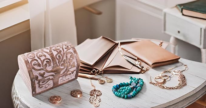 Great Birthday Gift Ideas Handmade Decorative Wooden Jewelry Box With Tree of Life Carvings Jewelry Organizer Keepsake Box Treasure Chest Trinket Holder Watch Box Storage Lock Box (Pink)