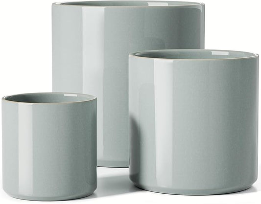 LE TAUCI Ceramic Pots for Plants, 10/8/6 Inch Indoor Planters with Draiange Hole, Silicone Plug & Mesh Pad, Modern Minimalist Pots for Home Office, Set of 3, Glossy, Mist Gray