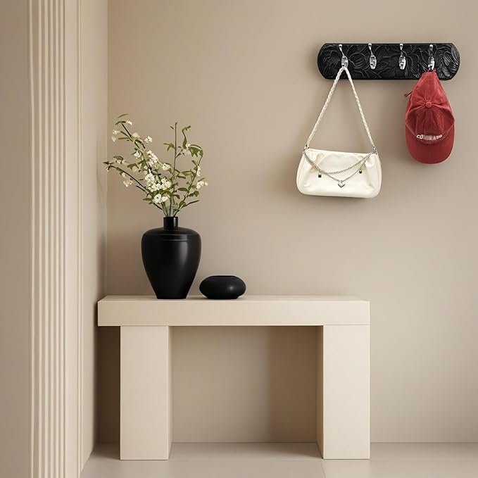 Decorative Wall Mounted Coat Rack with 4 Hooks, Rustic Wood Wall Organizer for Hanging Coats, Hats, Towels, Bags,Jackets, Keys (Antique Black)