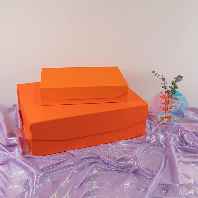 Upgrade 3Pcs Orange Extra Large Gift Boxes with Lid, 16.5 x13 x5 Inches, Hard Magnetic Gift Boxes for Presents, Wedding Dress Box Storage, Reusable Foldable Bridesmaid Box