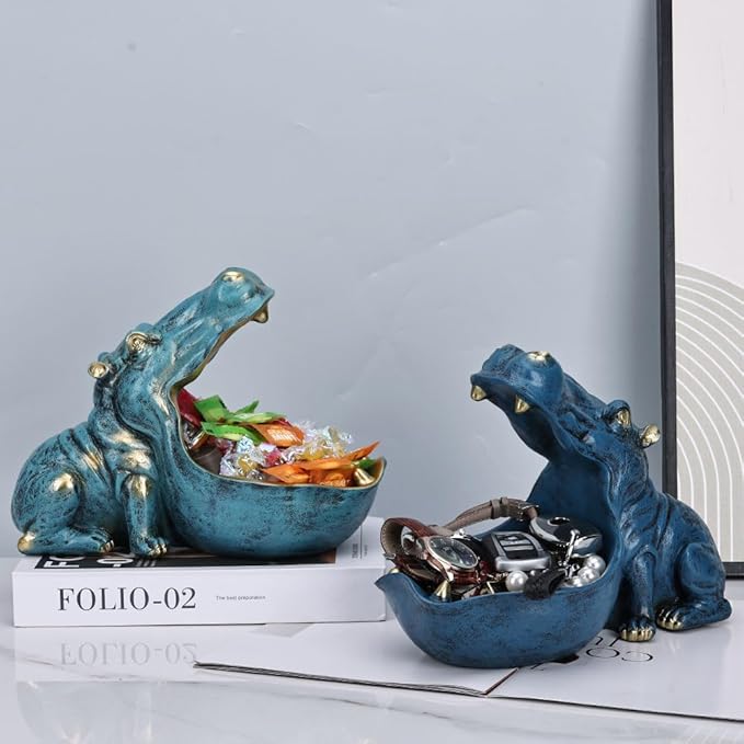 Hippo Figurine Candy Dish & Key Bowl - Unique Resin Hippopotamus Statue for Office Desk & Entry Table Decor - Multifunctional Sundries Container, Jewelry Stand, and Wallet Holder - Cute Hippo Gifts