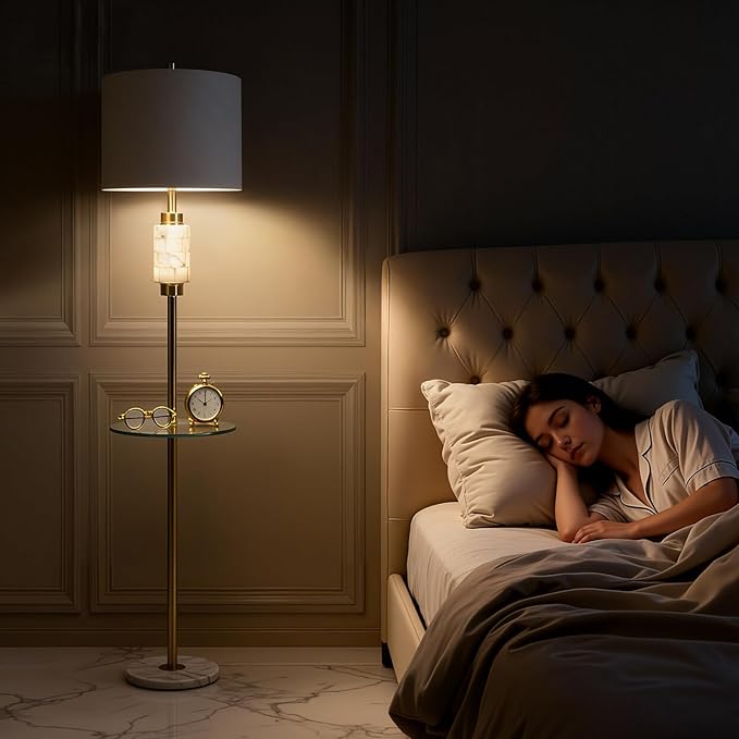 KIVDITZO Modern Floor Lamp for Living Room with Glass Tray and Night Light, Alabaster Bedroom Lamp, Tall Lamp with Linen Shade, Marble Base Standing Lamp for Living Room,Bedroom,Office(Bulb Included)