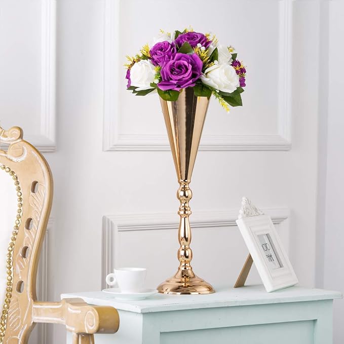 Sziqiqi Trumpet Vase Floral Centerpiece Riser Stand for Wedding Reception Centerpieces Party Event Anniversary Birthday Decoration Flower Arrangement Pack of 10, Rose Gold 16.5in