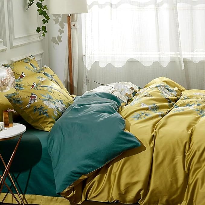 Gold Floral Duvet Cover Set King Size Garden Style Bird Flower Pattern Duvet Cover Luxury Soft Cotton Floral Comforter Cover with Zipper Closure Reversible Peacock Blue 3 Pieces Farmhouse Bedding Set