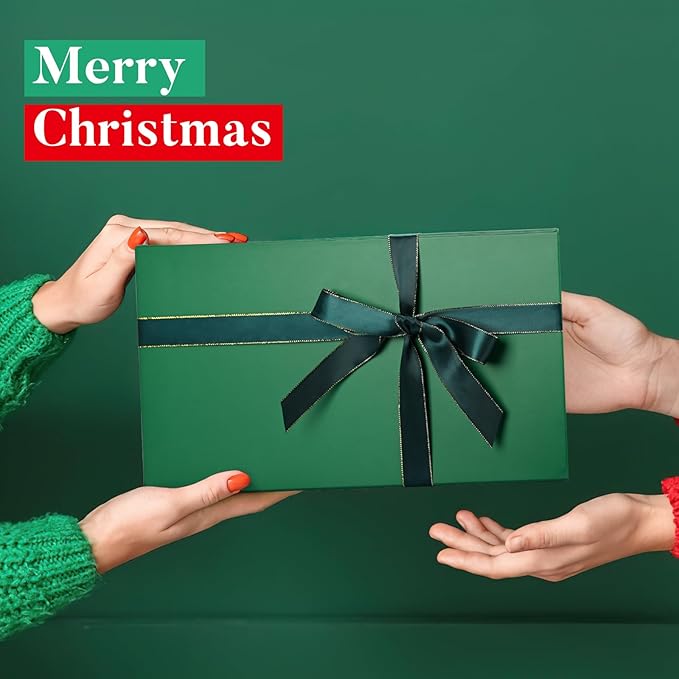 LIFELUM 5 Pack Christmas Gift Boxes Large Green Boxes of Gifts 13.85 x 8.35 x 4.45 inch Gift Boxes with Strong Magnetic Lid for Presents Contains Card, Ribbon, Filler,Sticker