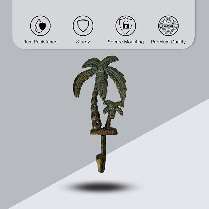 Cast Iron Palm Tree Wall Hooks - Rustic Black Finish - Decorative Hooks for Wall, Coats, Towels, Bags - Tropical Home Decor - Vintage and Unique Design - Set of 3 8" x 4"