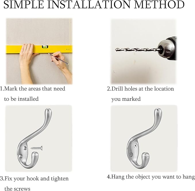 Coat Hooks 5 Pack - Heavy Duty Wall Mounted Brushed Nickel Door Hooks Double Prong Hooks for Hanging Clothes/Towels - Sturdiness Design with Better Mounting System