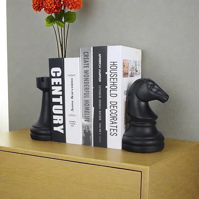 Chess Bookends Novelty Book Holders, Decorative Book Ends Modern Bookends Stoppers for Shelves, Black Heavy Duty Book Ends for Shelves Office Desk Decoration, Resin, 7" x 7"